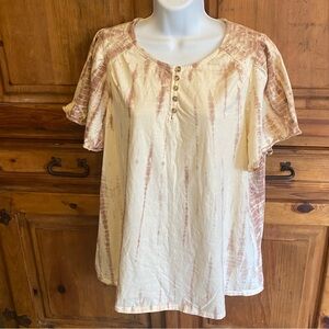 Lane Bryant tie-dye eyelet short sleeve top cream brown 18/20